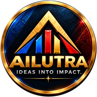 Ailutra circular gold, red and blue company emblem